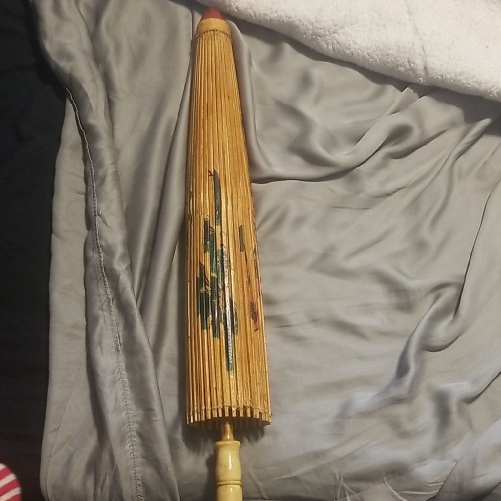 Vintage Bamboo Parasol with Painted Design